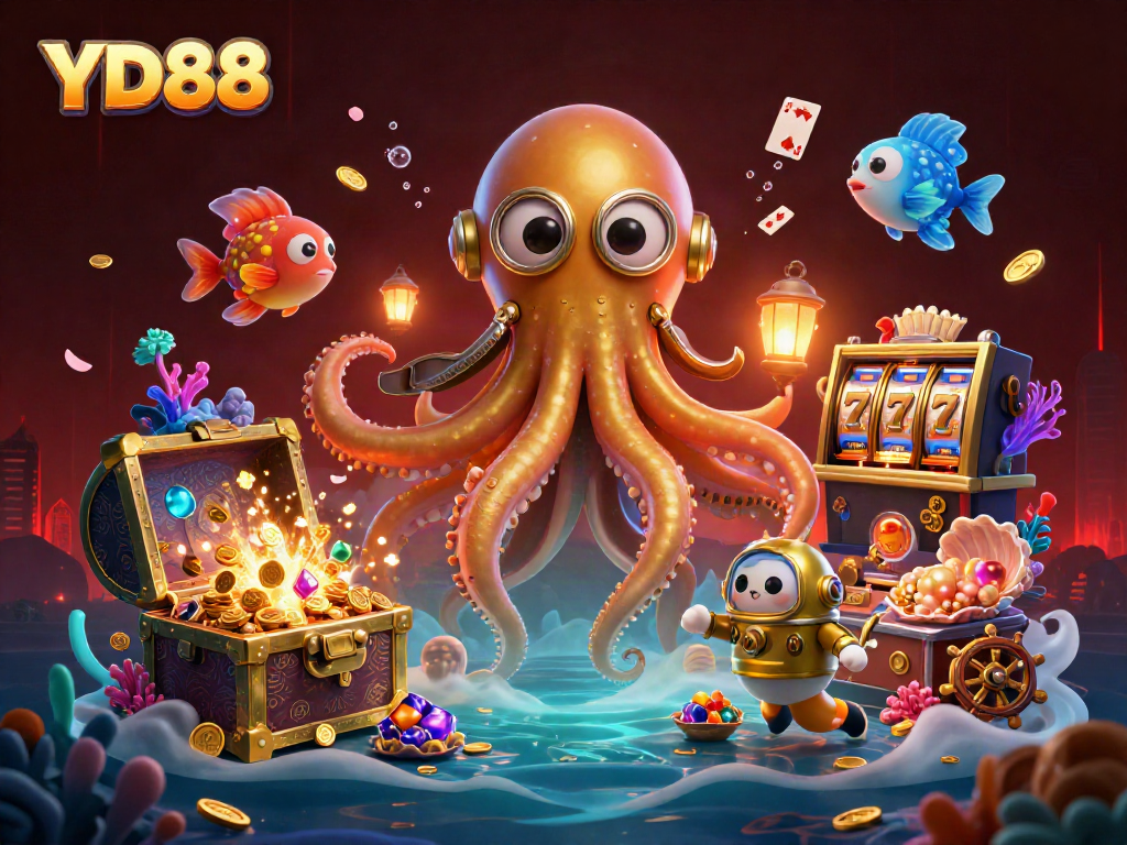 Engage in gaming excitement at YD88 with a vibrant cartoon scene featuring a kraken, diving cat, and treasures.