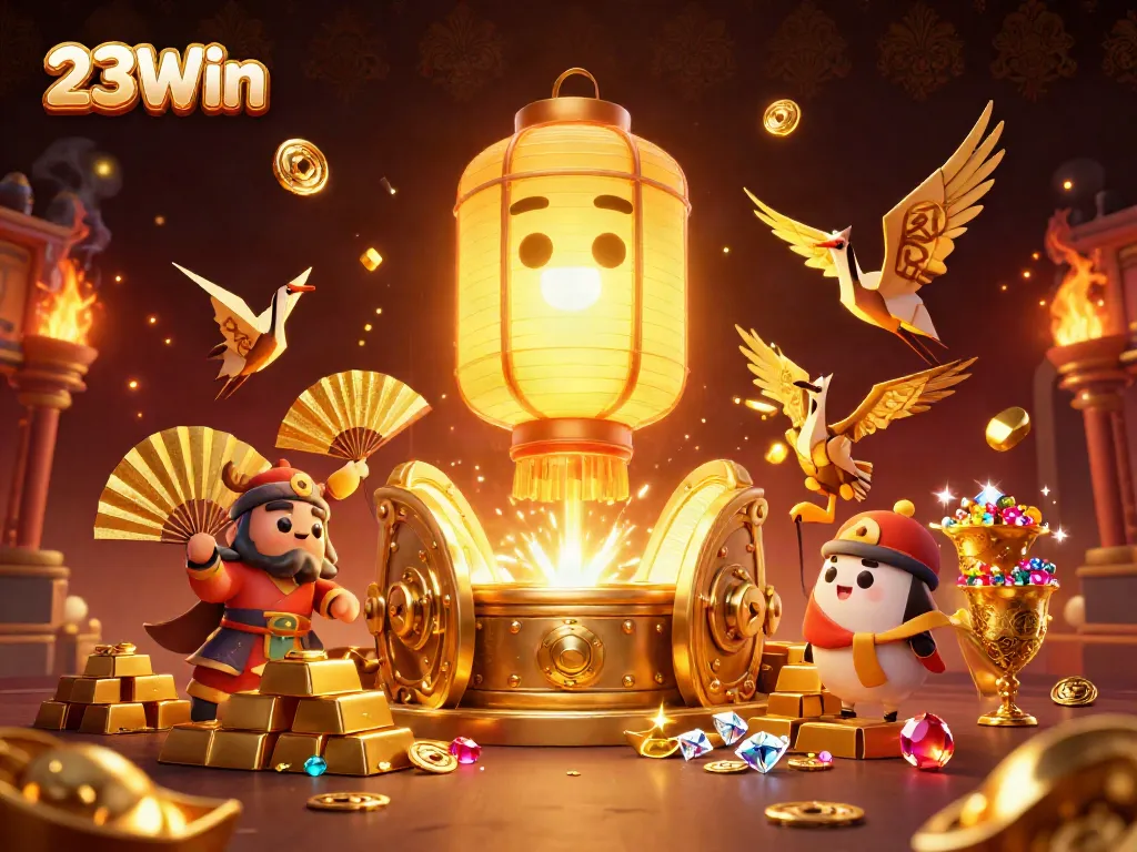 Win big with 23Win's vibrant casino scene featuring a mystical lantern spirit and treasure