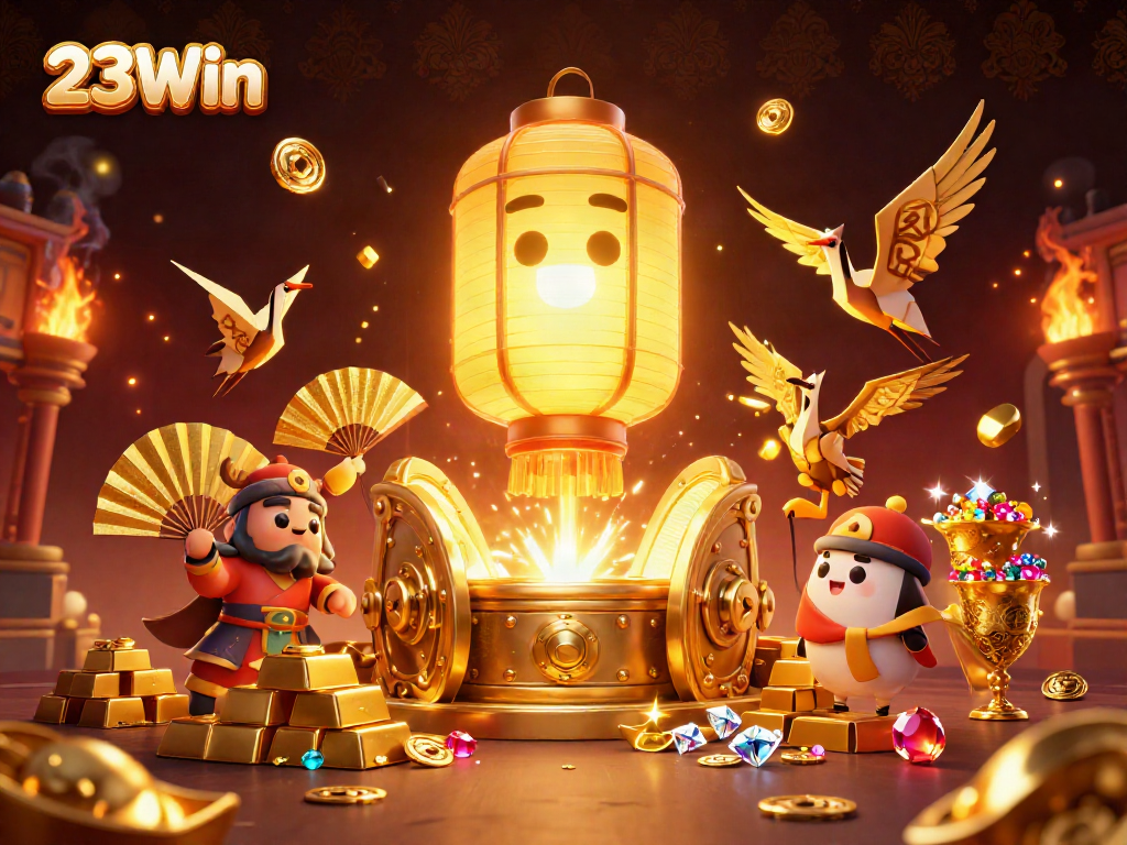 Win big with 23Win's vibrant casino scene featuring a mystical lantern spirit and treasure