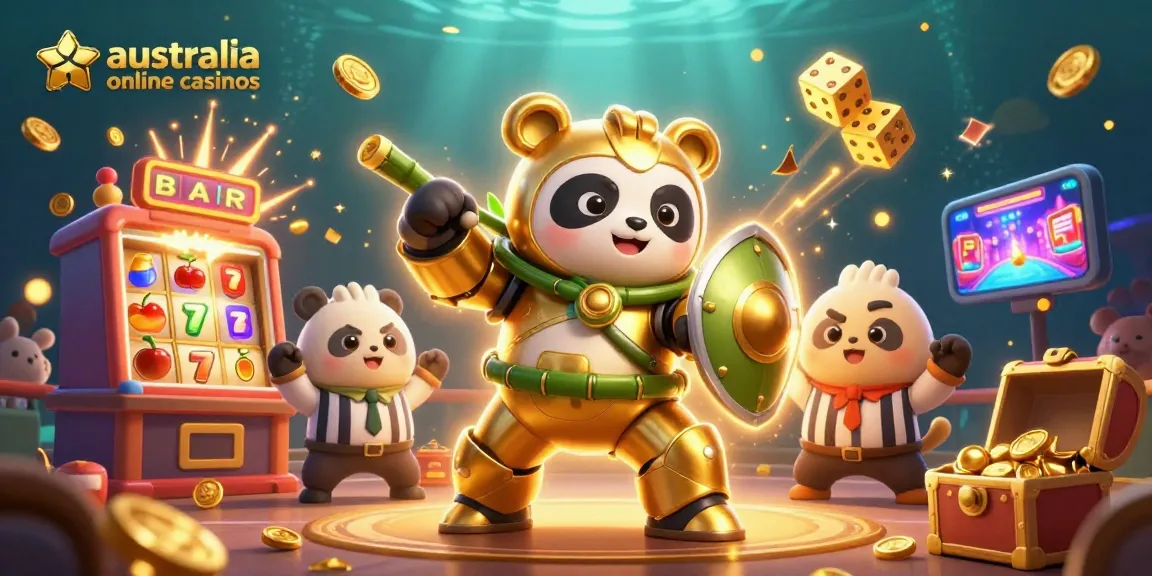 Action-packed scene featuring australia online casinos with a mech-suit panda, slot machines, and playful elements.