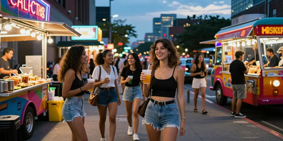 Gái gọi tận hưởng không khí phố xá sôi động bên bạn bè, ánh đèn neon sáng rực rỡ.