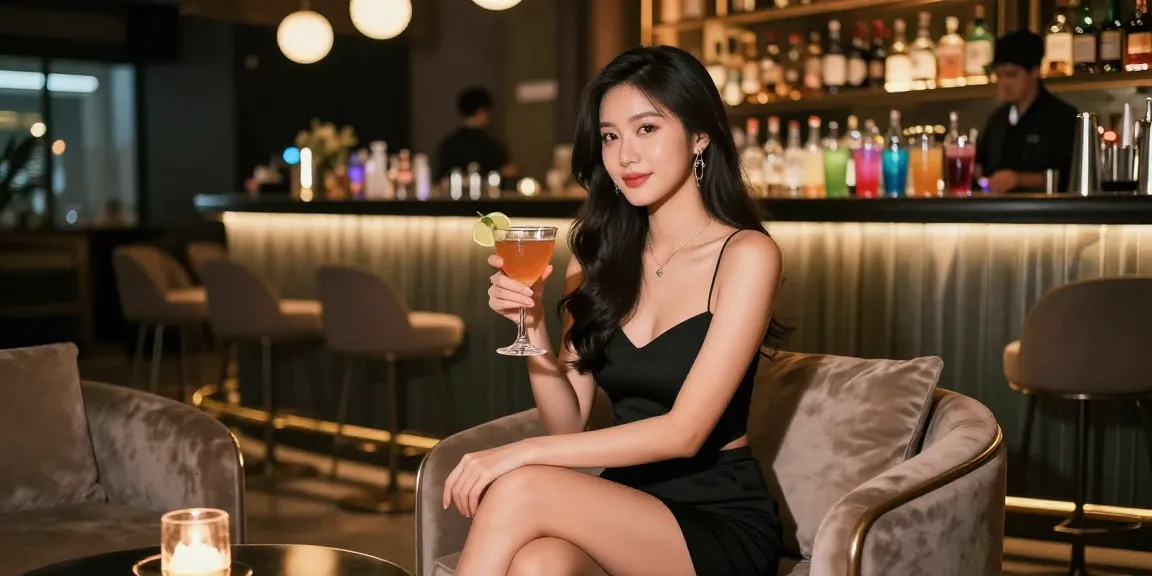 Gái gọi đang thưởng thức cocktail tại không gian lounge sang trọng, thể hiện phong cách hiện đại và sống động của cuộc sống về đêm.
