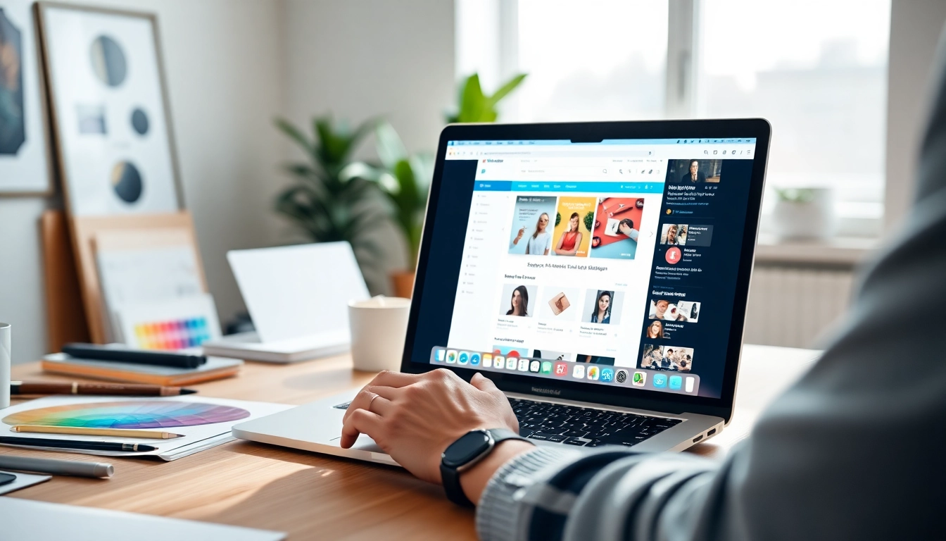 Designer engaging in Shopify theme customization with a vibrant interface on the screen.