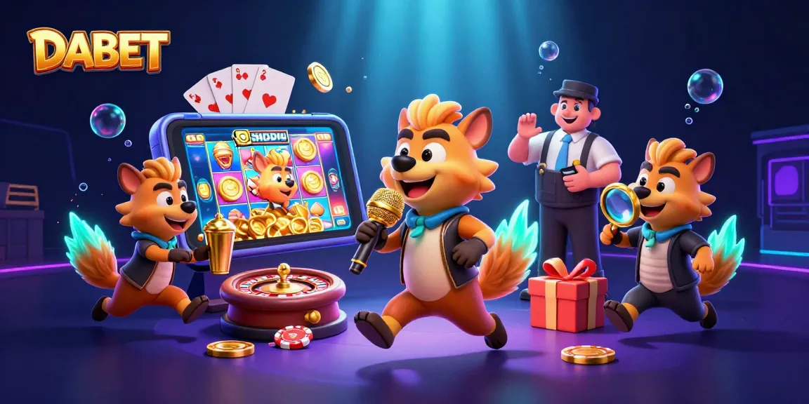 DABET showcases a lively comedy casino scene with hyenas, engaging in thrilling gaming action.