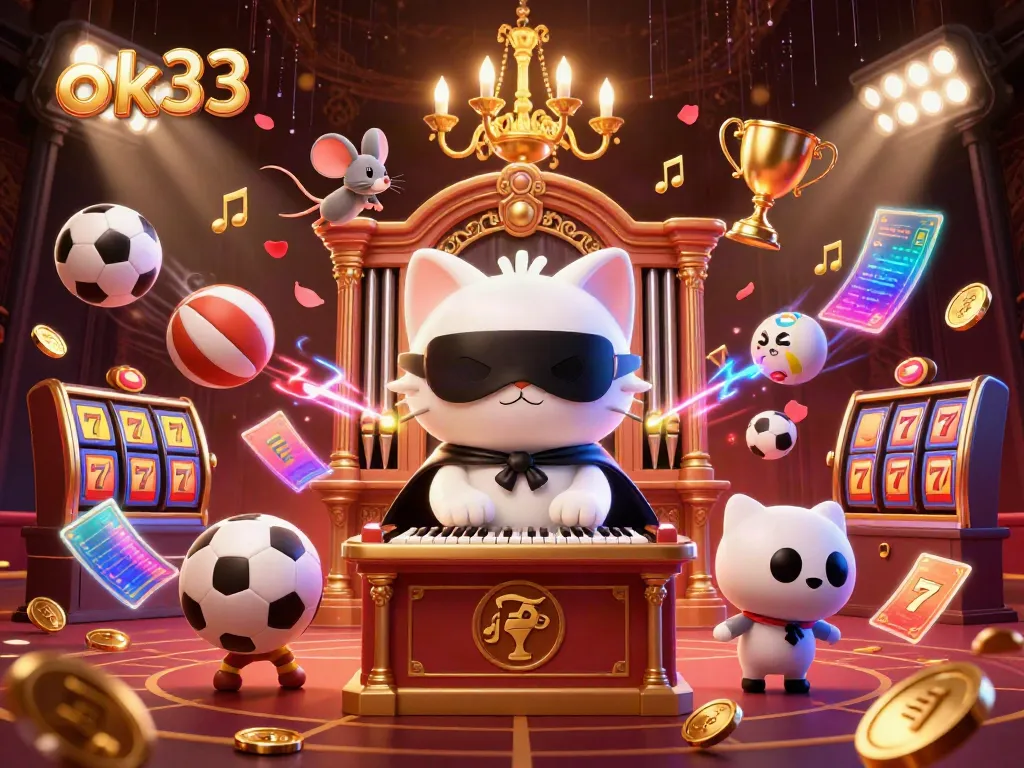Engage in casino excitement with ok33 featuring a white cat at a pipe organ surrounded by gold coins and sports elements.