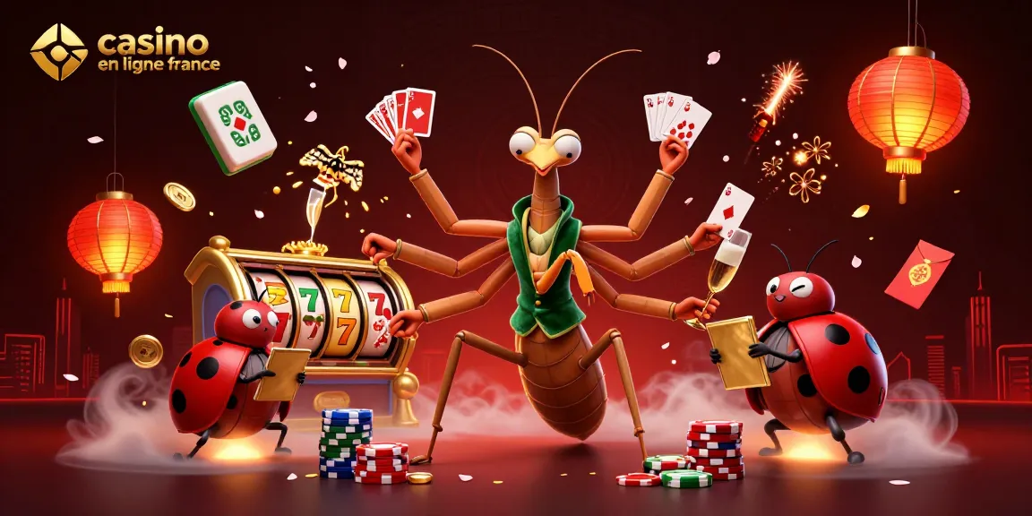Illustration dynamique d'un casino en ligne France, avec un mante et une coccinelle, des cartes et des jetons flottants.
