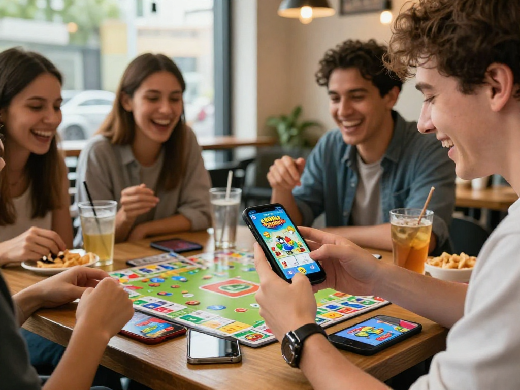 Enjoying a game of ramble rummy with friends at a café, highlighting mobile gameplay.