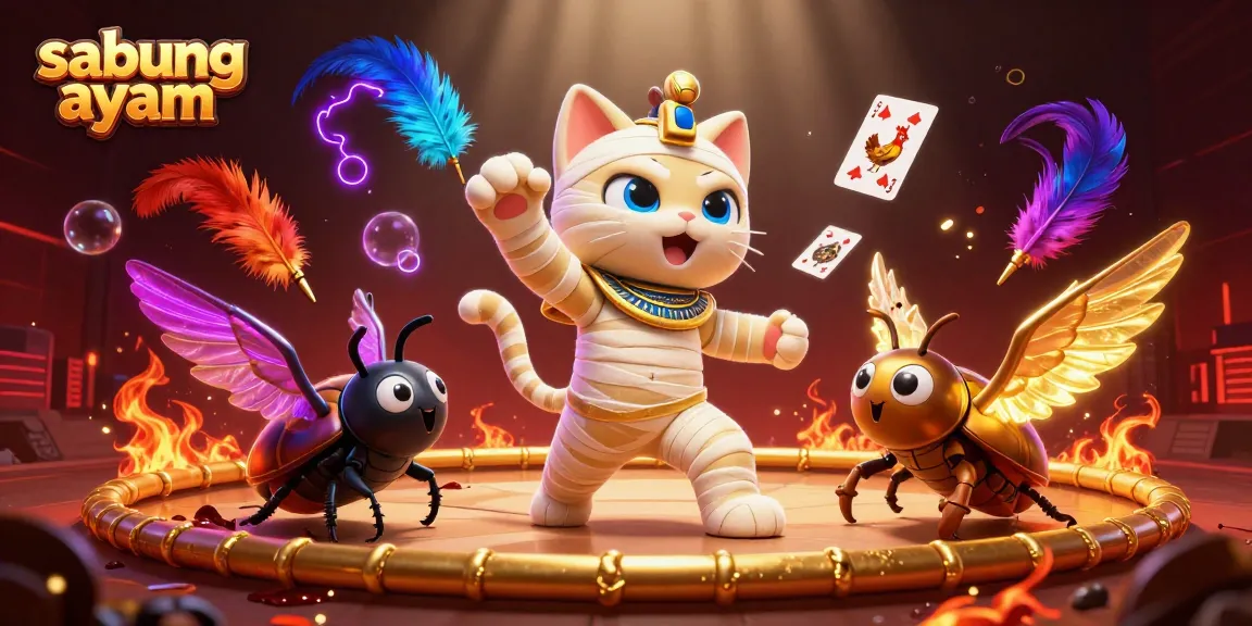 Experience thrilling sabung ayam action in a dynamic arena featuring a mummy cat and glowing scarab.
