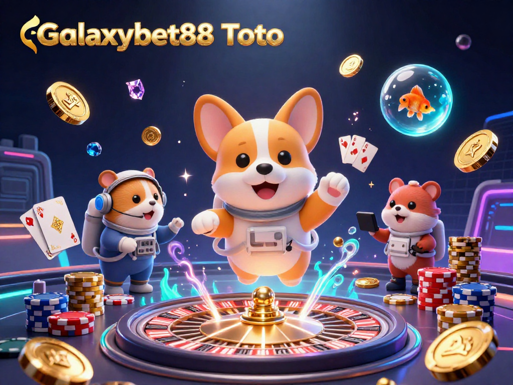 Experience Galaxybet88 Toto with floating corgi and dazzling casino elements in a vibrant 3D scene.