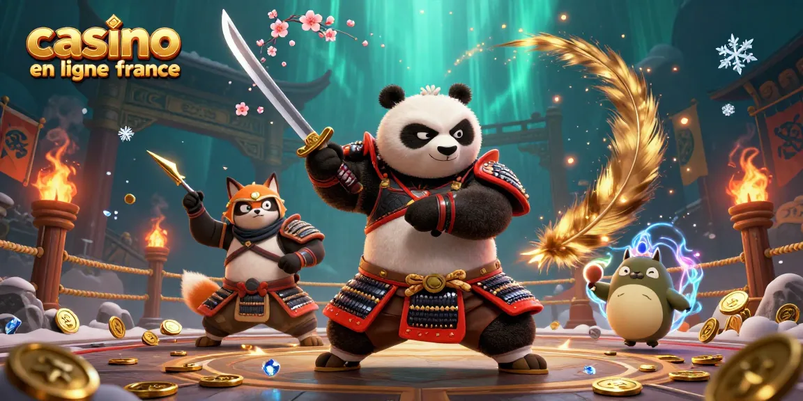 Cette illustration dynamique présente un panda samouraï combattant et un renard ninja pour promouvoir le casino en ligne France.