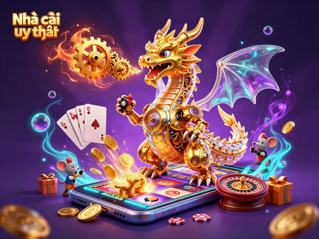 Experience the action of Nhà cái uy tín with a golden dragon and casino elements bursting with energy.