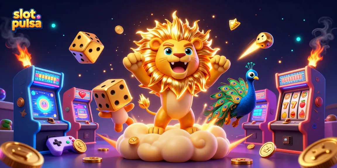 Gambarkan kemenangan bermain slot pulsa dengan ikon slot yang menakjubkan dan elemen permainan kasino.