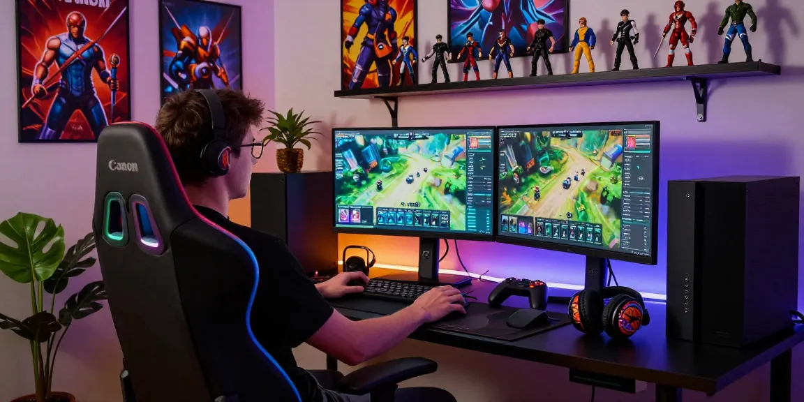 Dynamic gaming workspace featuring lavowin gameplay setup with dual monitors and vibrant RGB lights.