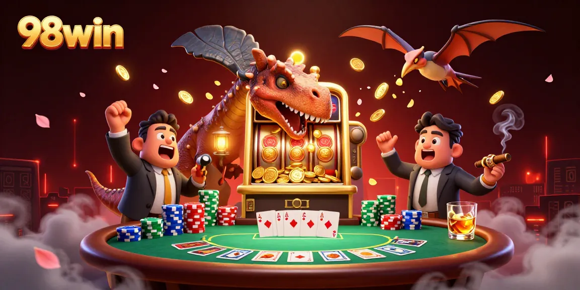 Experience thrilling jackpots with 98win as a pachycephalosaurus interacts with a golden slot machine.