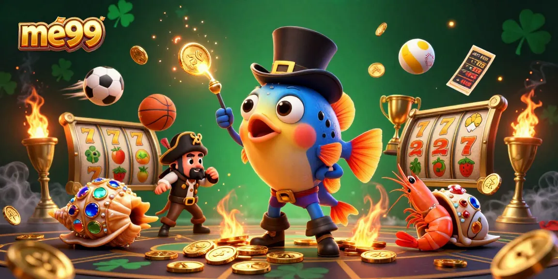 Me99 promotes thrilling gaming with a lively scene featuring an anglerfish, shrimp, and sea snail surrounded by slots and sports elements.