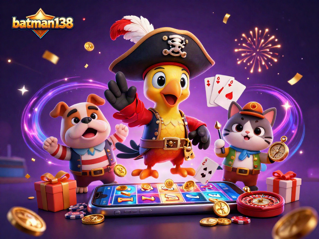 Experience the excitement of batman138's vibrant gambling world with colorful game elements surrounding cartoon characters.