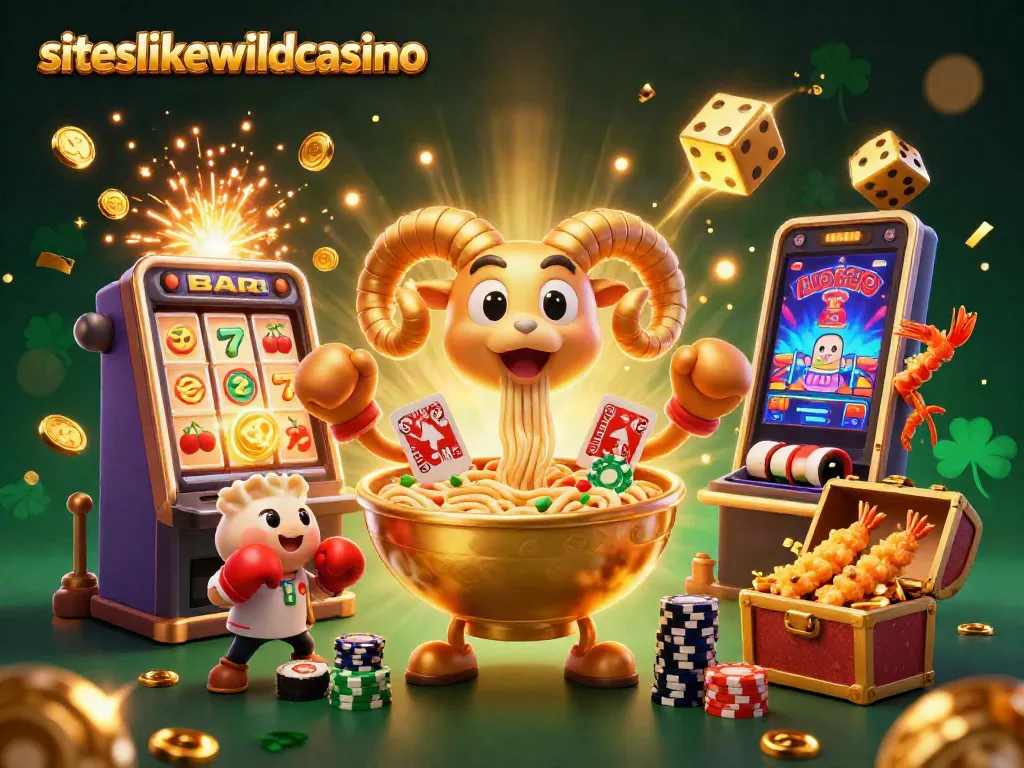 Engage with siteslikewildcasino as a giant ramen bowl deals cards in a vibrant casino scene