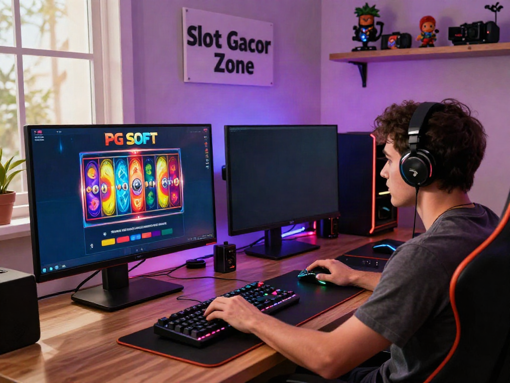 Player engaged with PG SOFT slots at home, vibrant gaming ambiance highlighting situs slot gacor thailand.