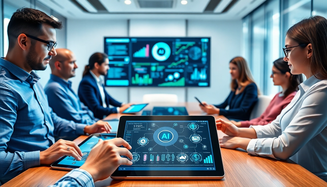 AI agents assisting professionals in a modern office setting during a team meeting.