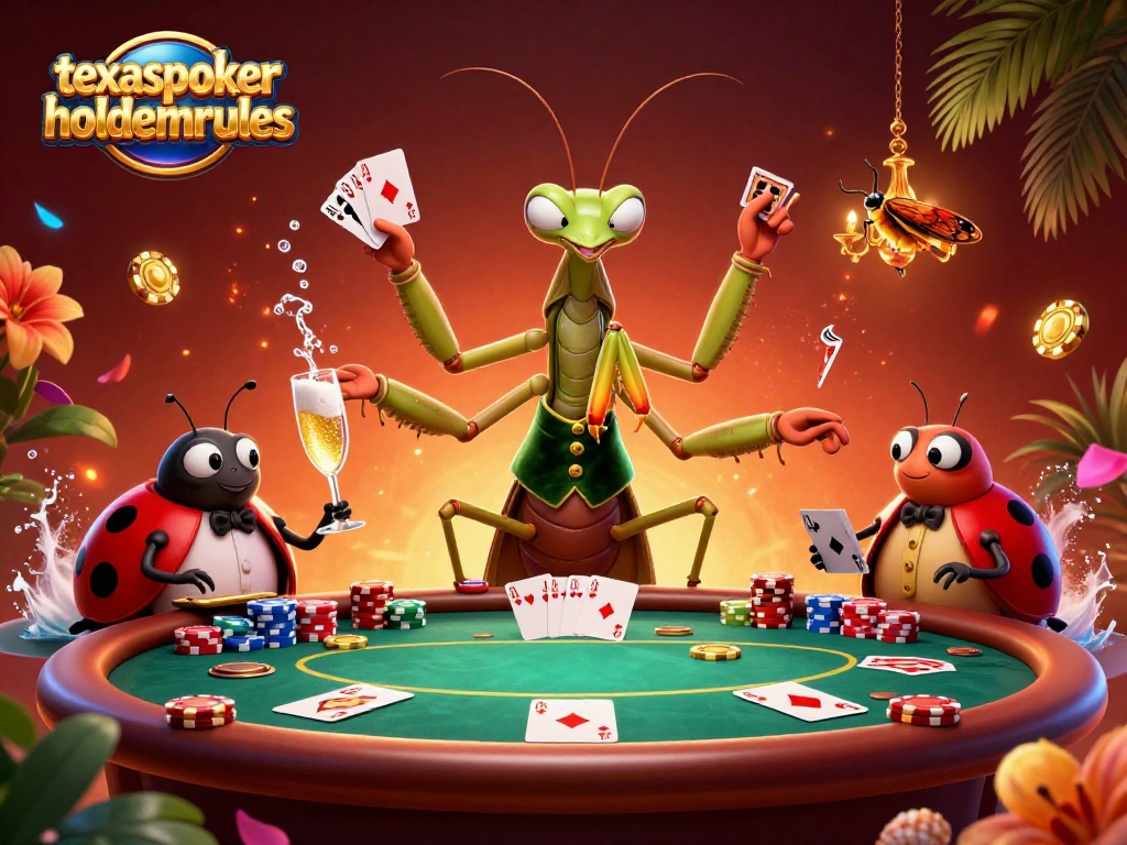 texaspokerholdemrules showcases a 3D mantis dealer distributing poker cards while chips and casino lights surround.
