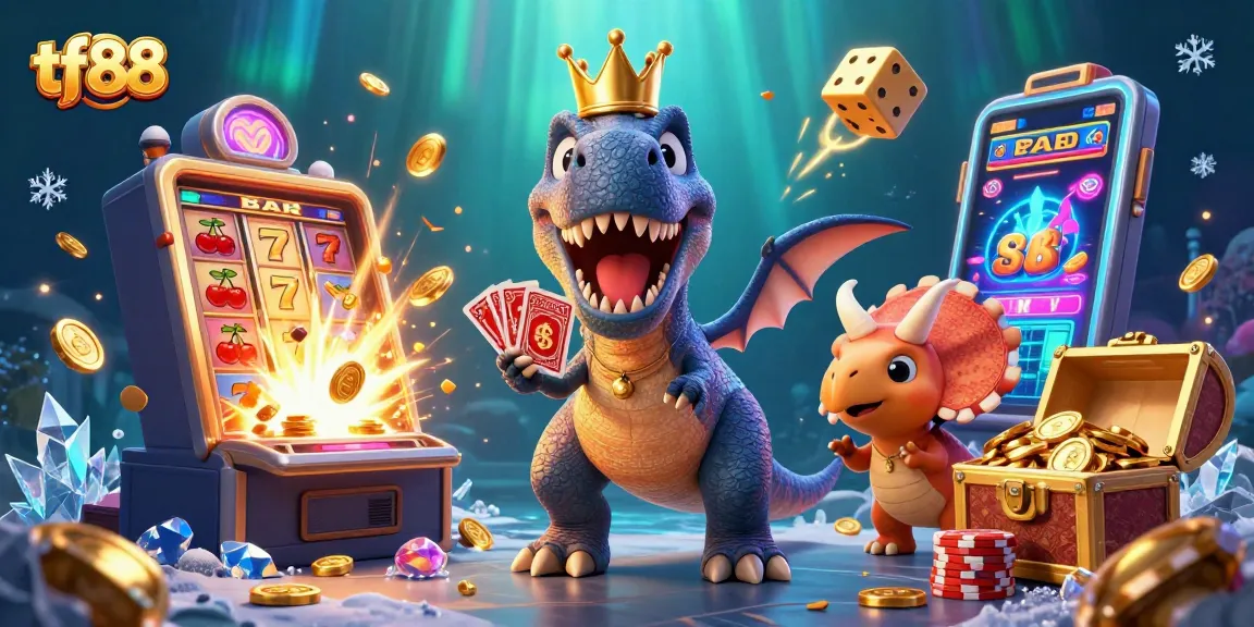 tf88 hosts a vibrant casino scene with T-Rex, pterodactyl, and triceratops amidst slot machines and golden coins.