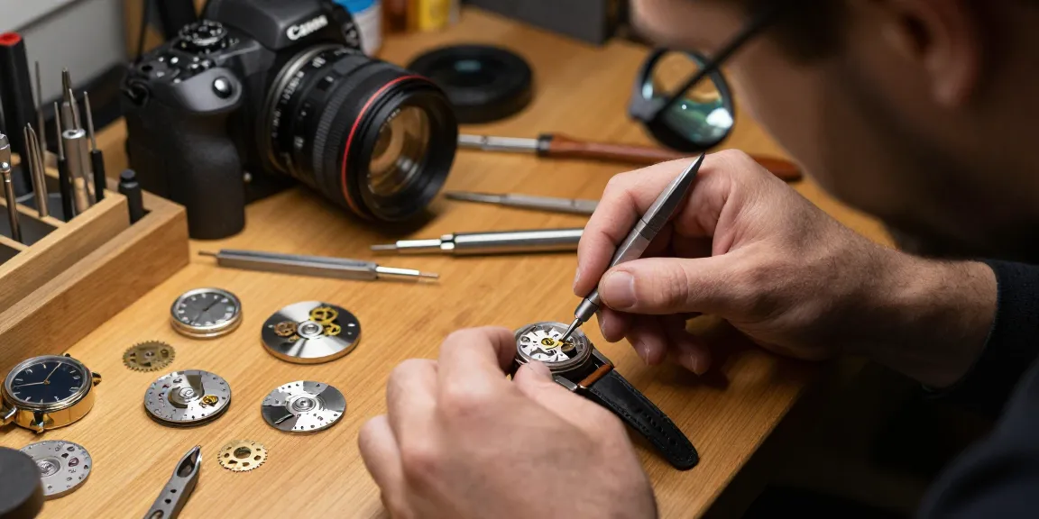 Artisan assembling 3035 watch movement parts with precision tools in a warm workshop.