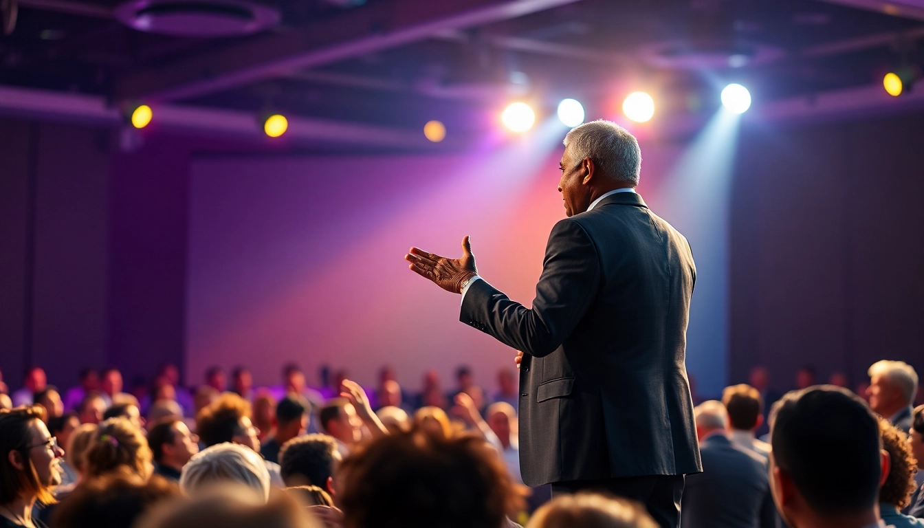 Energetic motivational speaker captivating diverse audience during a dynamic presentation.