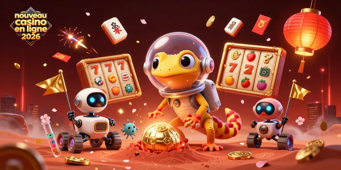 Illustration 3D du nouveau casino en ligne 2026 : Un gecko martien et un robot découvrent une richesse cachée.
