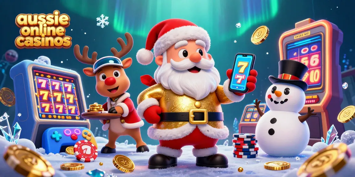 Aussie online casinos scene with Santa in a casino outfit, jackpot slots, and colorful elements