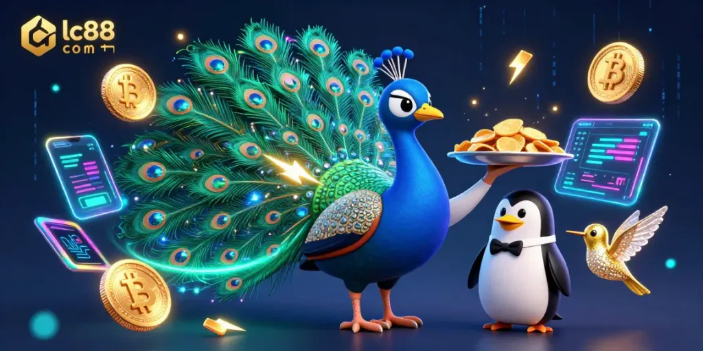 Engage in exciting gaming at lc88 com with a vibrant 3D scene featuring a peacock, penguin, and hummingbird among crypto elements.