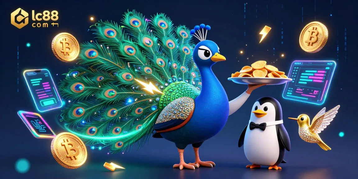 Engage in exciting gaming at lc88 com with a vibrant 3D scene featuring a peacock, penguin, and hummingbird among crypto elements.