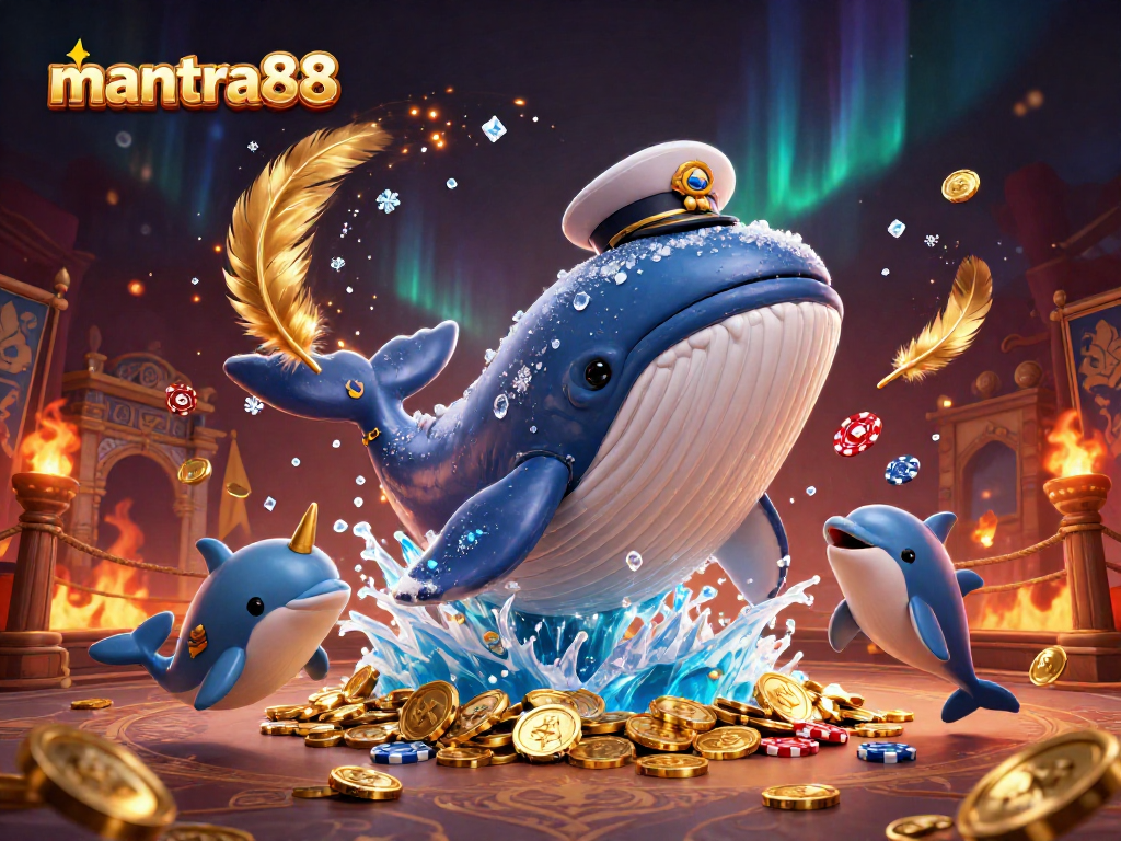 Play poker and win big at mantra88 with playful dolphins and a golden narwhal in a vibrant sea of coins.