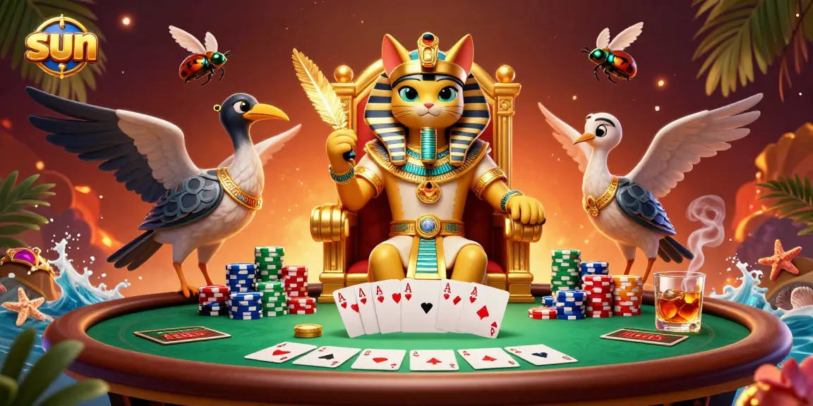 Engage in fun gambling games with sun-lit Egyptian themes featuring cats and poker elements.