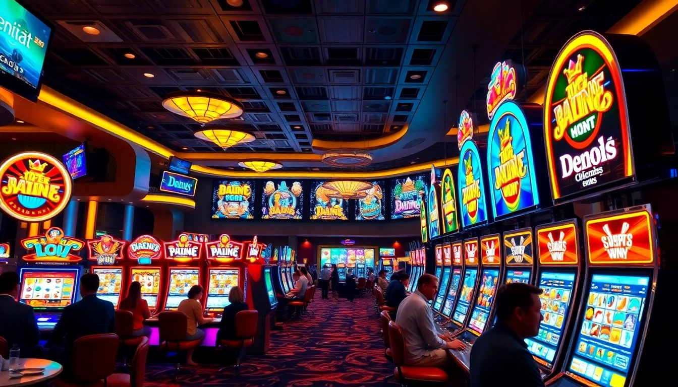 Engaging scene of slot gambling with vibrant machines in an exciting casino atmosphere.