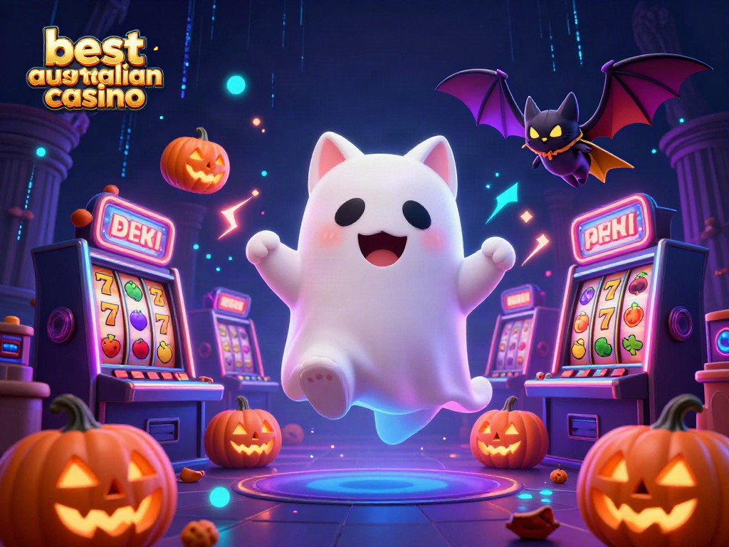 Join the best Australian casino experience with a ghost cat and a vampire bat in a haunted casino scene.