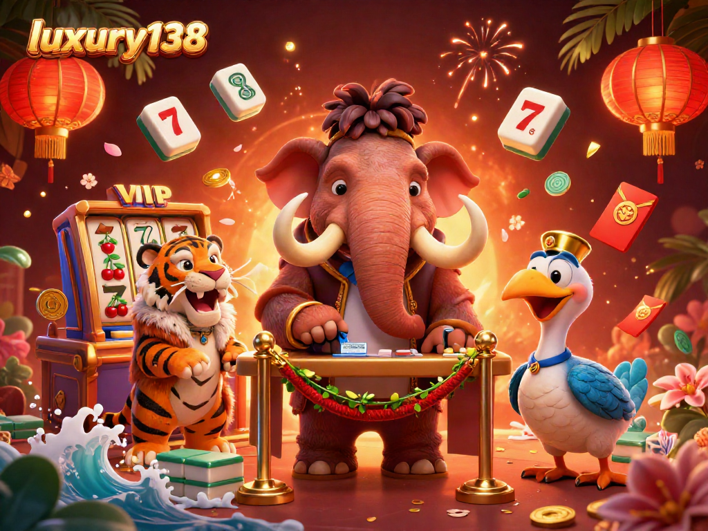 Luxury138 mempromosikan suasana kasino dengan raja mamut dan tamu VIP dalam gambar penuh warna.
