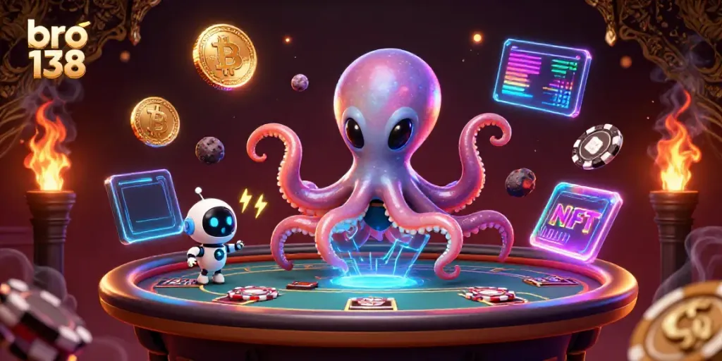 Experience thrilling fun with bro 138 and an alien octopus at a holographic poker game.