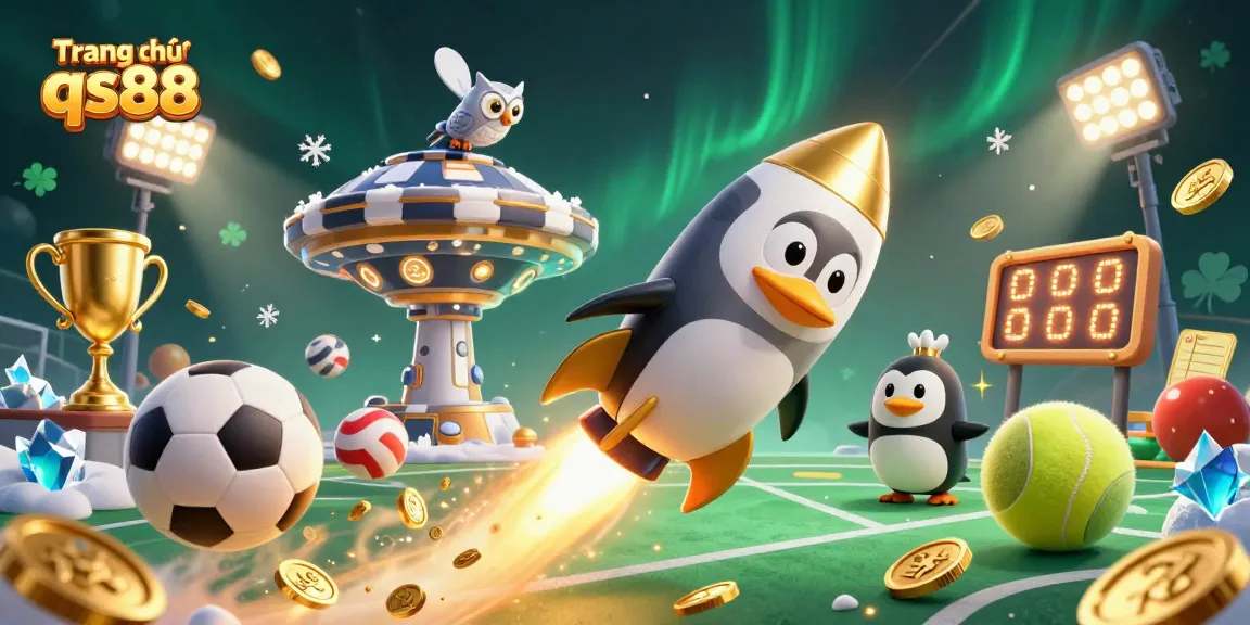 Play exciting games at Trang chủ qs88 with a golden penguin soaring towards a casino station.