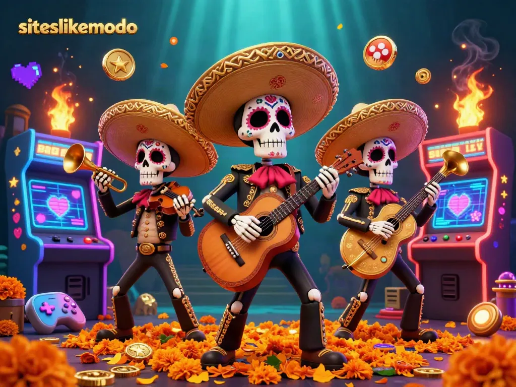 Engage with winning strategies at siteslikemodo in this vibrant casino-inspired illustration featuring mariachi skeletons