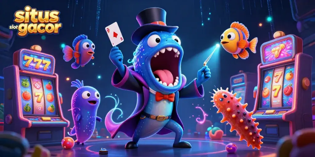 Situs slot gacor illustrated with vibrant casino reels, a magical eel, and a spotlight anglerfish.