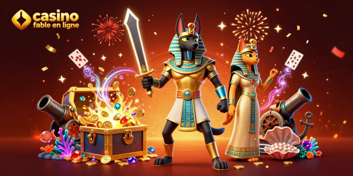 Illustration d'un casino fiable en ligne avec Anubis et Bastet entourés de trésors et de cartes.