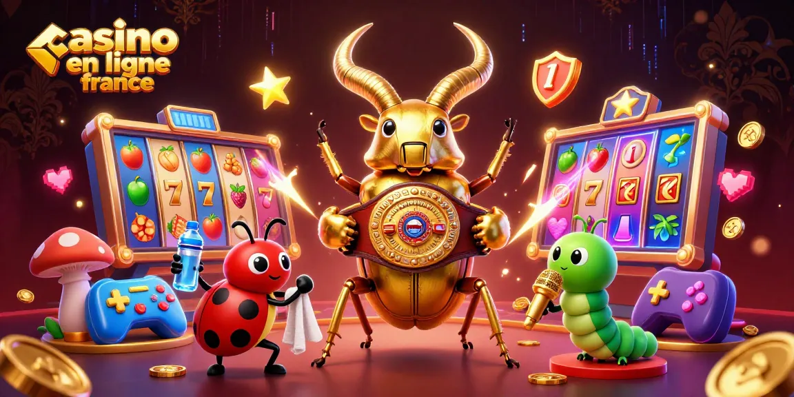 Illustration dynamique de casino en ligne en France avec un scarabée géant et des éléments de jeux.