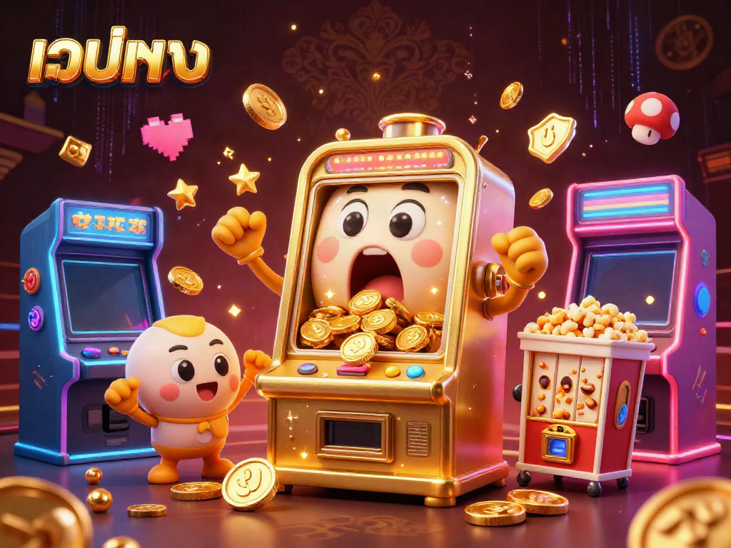 Experience the excitement of เว็บตรง as the golden slot machine hits the jackpot, surrounded by cheering baby machines and coins.
