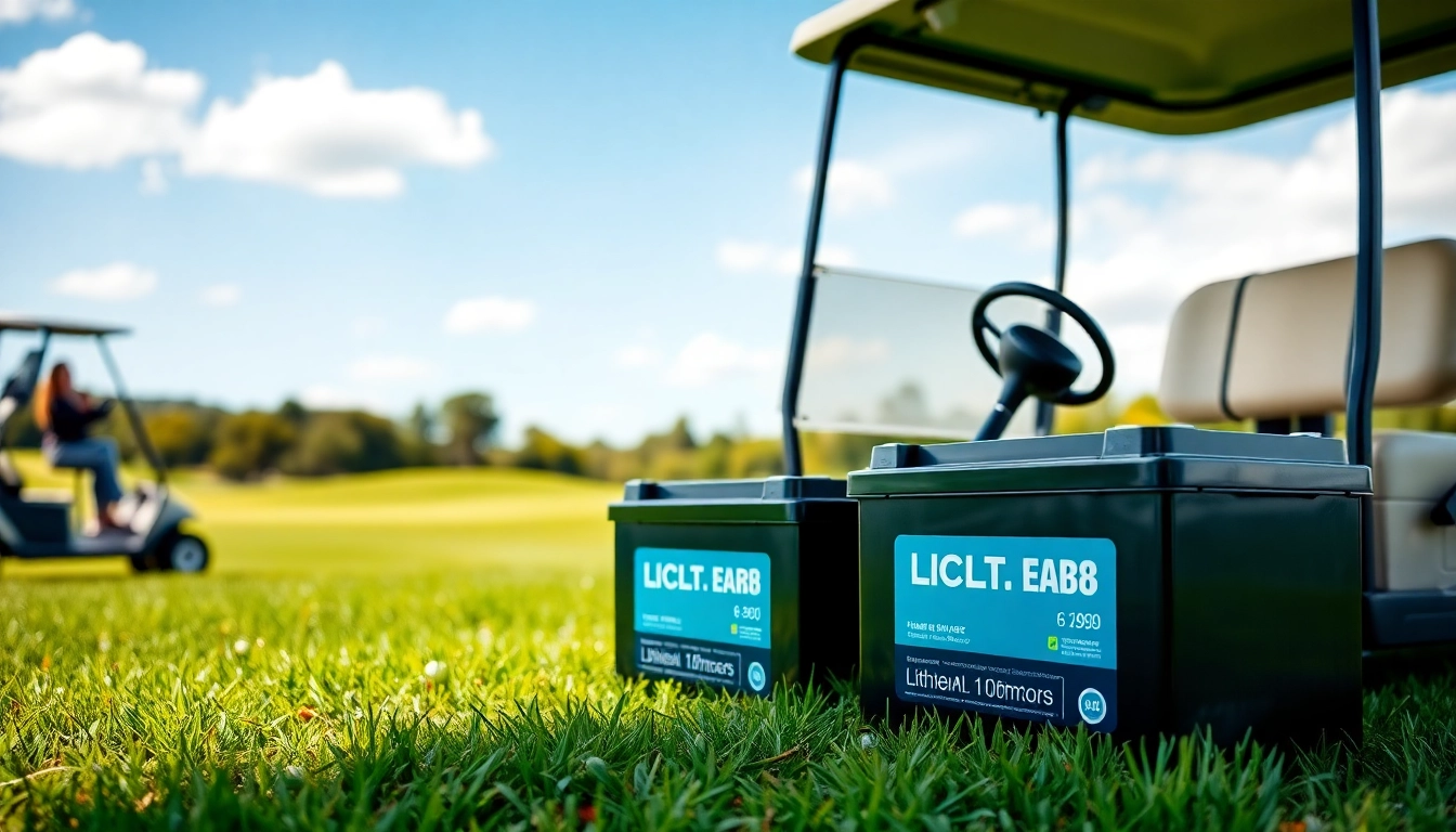 Showcase of lithium golf cart batteries with advanced features against a golf course backdrop.