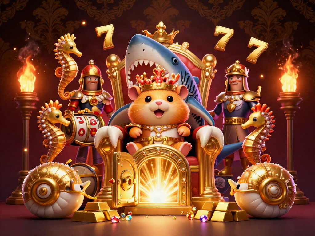 Menggoda dengan slot, raja hamster emas kecil di singgasana, dikelilingi harta karun dan efek sinar.