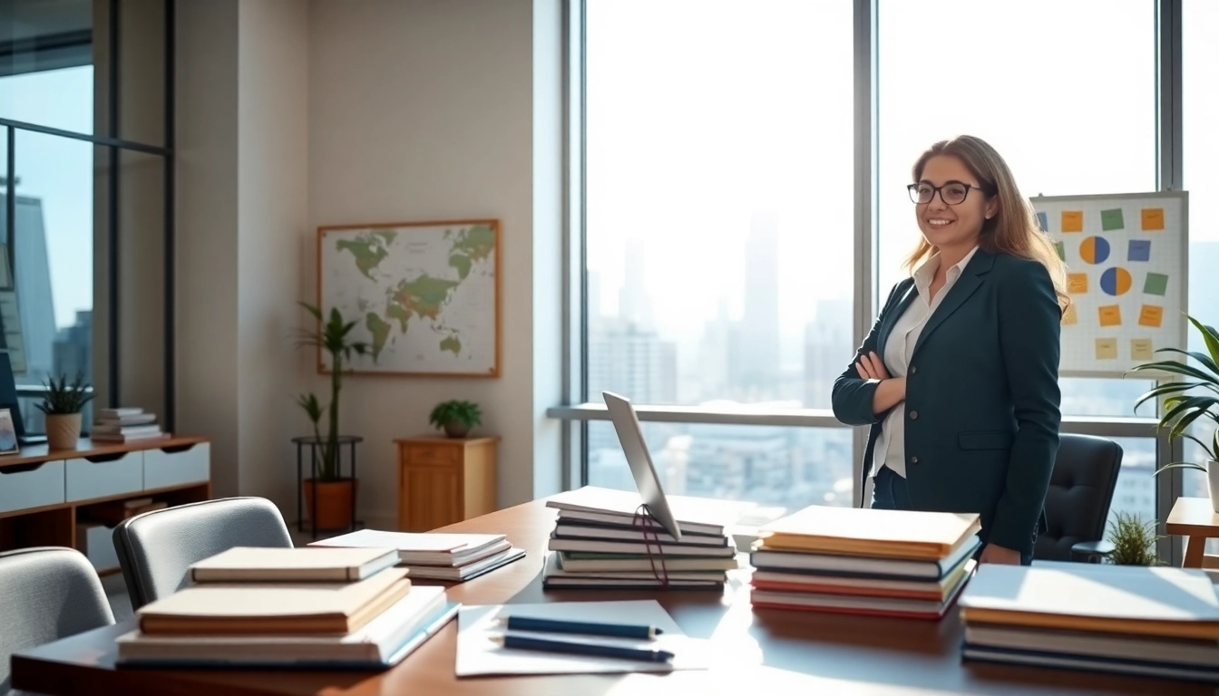 Your Most Productive Life illustrated by a focused productivity coach in a bright office setting.