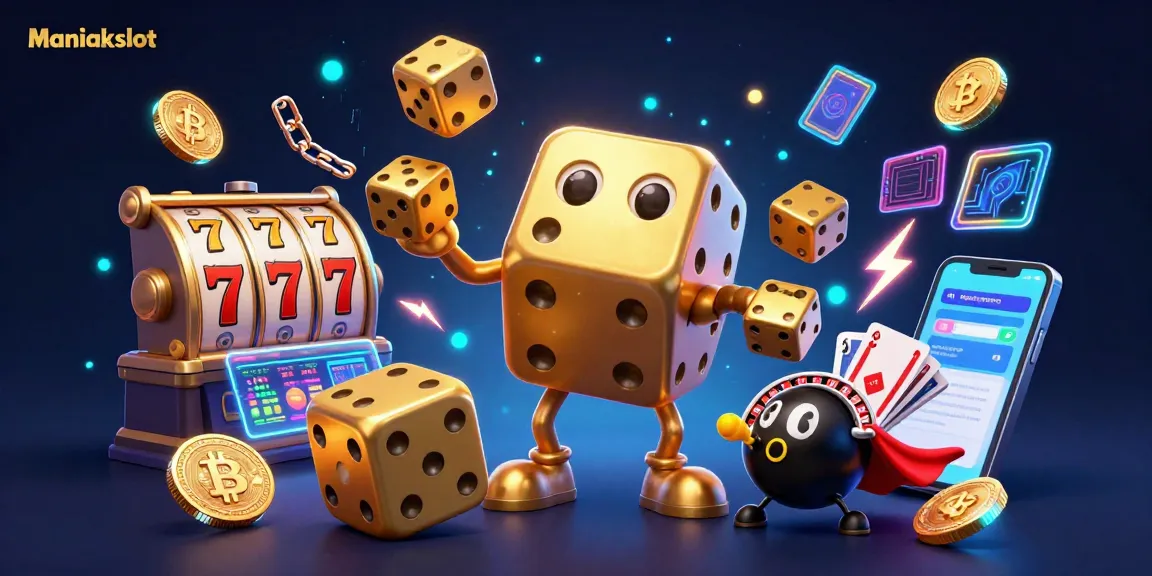 Engage with Maniakslot's vibrant casino scene featuring dynamic dice, lucky 7s, and crypto elements.