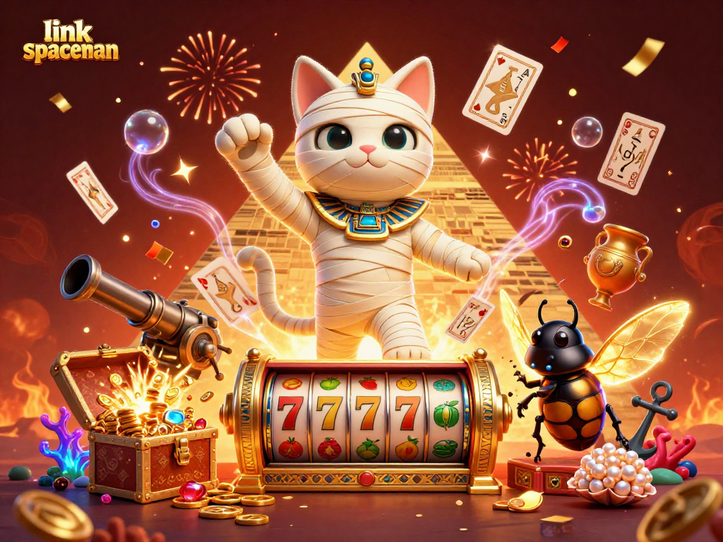 Experience exciting gameplay with link spaceman in a vibrant casino illustration featuring a mummy cat and treasures.