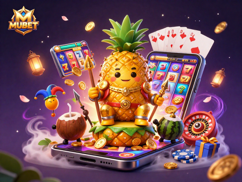 MUBET offers an exciting gaming experience with colorful slots, a pineapple king, and playful characters.