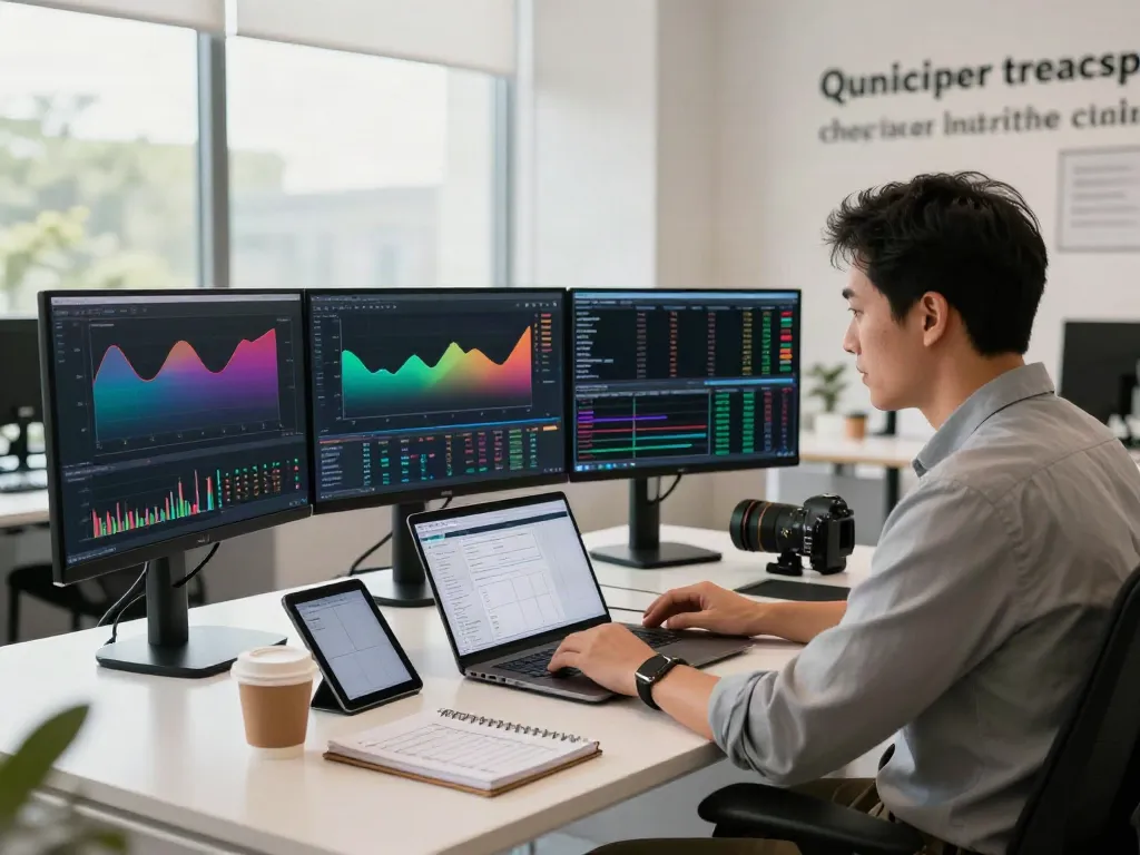 Engaged trader analyzing tradingview官网 charts on multiple screens in a modern office.